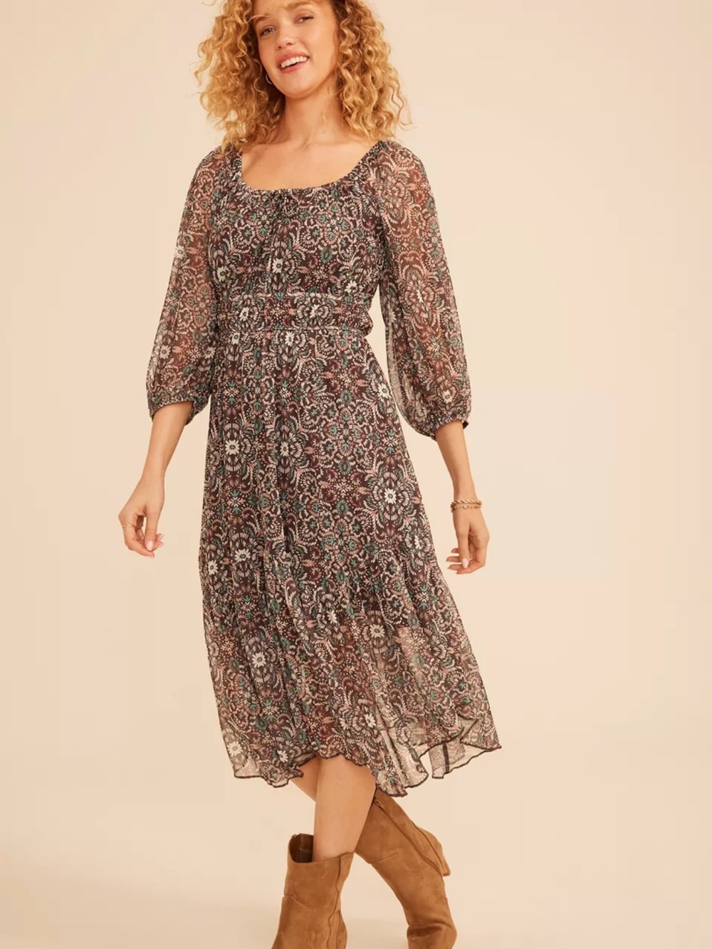 floral mesh hanky hem midi dress
